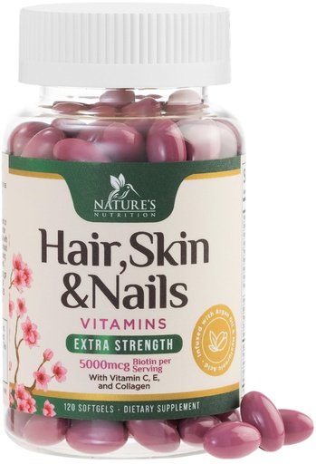 [BRSROAARCMHAO2DA] Hair, Skin & Nails Vitamins - Biotin 5000mcg Per Serving - Extra Strength Hair Growth Support For Women with Collagen, Argan Oil - Beautiful Skin, Hair & Nails Supplement - USA Bottled - 120 Softgels