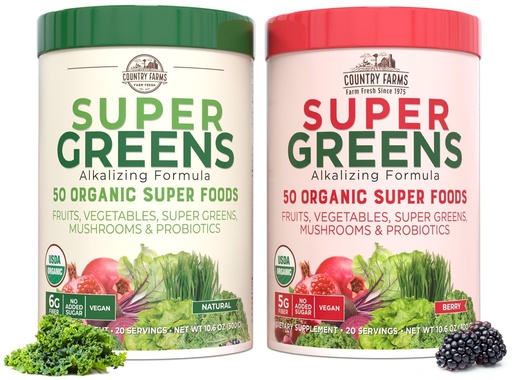 [BRSROHQQCN5RO3Y3] Country Farms Super Greens Power Pack, 50 Organic Super Foods, Greens Powder with Probiotics for Gut Health & Bloating Relief, Supports Energy, Unflavored & Berry, 40 Serving