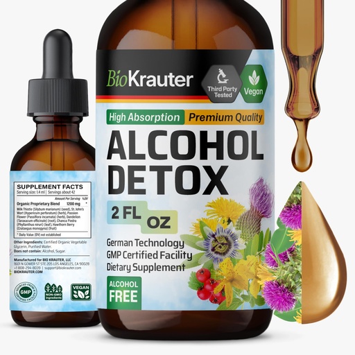 [BRSWGHY5BUBGAALV] BIO KRAUTER® 6-in-1 Alcohol Detox - Vegan Liver Support Supplement - Milk Thistle, Dandelion Root, Chanca Piedra, Hawthorn Berry 1200 mg per Serving, 2 Fl.Oz., 14-Day Supply, Alcohol & Sugar Free