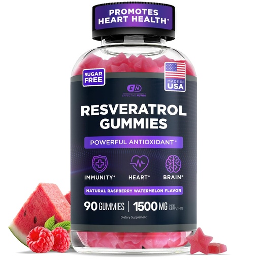 [BRSROHY7OQBRSHLD] Effective Nutra Resveratrol Gummies 1500mg – Sugar Free Antioxidant Supplement for Heart Health, Immunity & Brain Support – Vegan, Non-GMO, 3rd Party Tested, Raspberry Watermelon, 90 Count