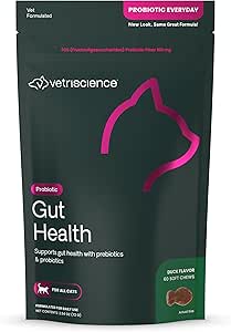 [BRSWKFQGBR5WKF3O] VetriScience Gut Health Chews, Probiotic Everyday Digestive Supplement for Cats, Pet Probiotics for Digestion Support, Gas and Diarrhea, Immune Support, 120 Million CFU Per Chew, Duck, 60 Count