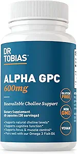 [BRSRAZYLC4MBUHQ3] Dr. Tobias Alpha GPC 600mg Per Serving - Bioavailable Choline Supplements for Brain, Memory and Focus - Premium Nootropic Alpha GPC Choline Supplement, Vegan, Non-GMO, 60 Capsules, 30 Servings