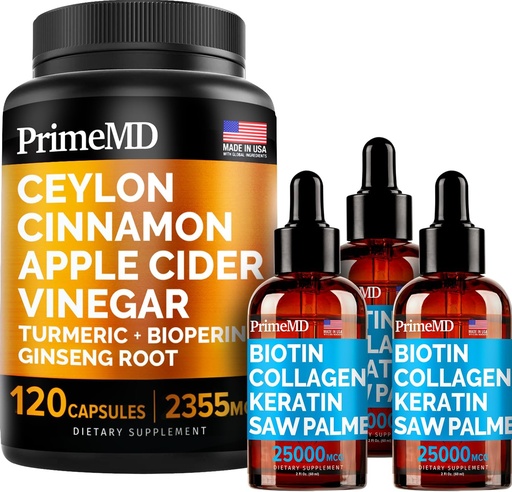 [BRSW2BARDIMWGGYY] 4-in-1 Liquid Biotin Collagen Keratin Saw Palmetto Drops (2 fl oz - 3 Pack) & 5-in-1 Ceylon Cinnamon w Turmeric & Ginseng Root (120ct) Bundle - Hair, Skin, Nails, & Immune Support Supplement