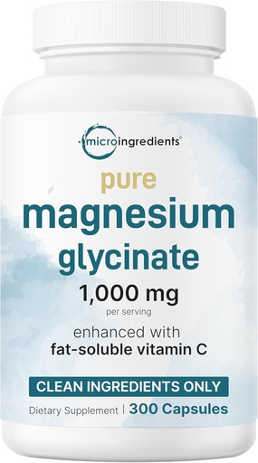 [BRSRAHQFB4JRA3DG] Pure Magnesium Glycinate 1000mg, 300 Kapseln | 100% Chelat für Max Absorption | Unterstützung für Schlaf, Muskel, Herz und Nerve Gesundheit | Verbessert mit Vitamin C | Nur verwendet aktive Inhaltsstoffe
