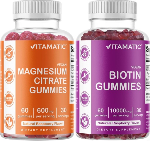 [BRSW2GAEB5YRECI3] Vitamatic Magnesium Gummies & Biotin Gummies - 60 Vegan Count Each