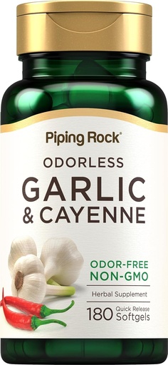 [BRSWIFDQAYJRUEA3] Piping Rock Odorless Garlic Softgels , 180 Softgels , supplement with Cayenne Extract - Allium Sativum , Non-GMO, Gluten Free