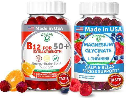 [BRSRABLQBEPGODIZ] Lunakai USA Made Vitamin B12 for Adults 50+ & Magnesium Glycinate Gummies Bundle, Supports Energy, Mood, Relaxation & Stress Relief, Non-GMO, Vegan, 60ct Each