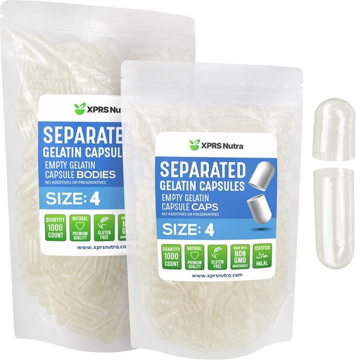 [BRSW2H36CEMQYD3V] XPRS Nutra Gelatin Größe 4 Getrennte Kapseln - 1000 Graf Klare kleine leere Kapseln Getrennt in Taschen - DIY füllbare Pillen Caps - Größe 4 Gel Do-It-Yourself Vitamin und Ergänzung Füllung
