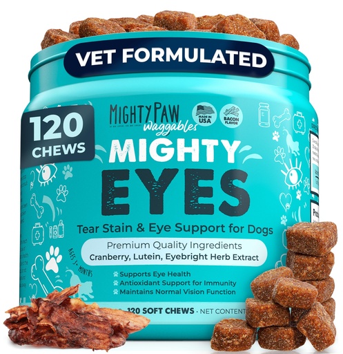 [BRSROEDYCIHRAGQ2] Mighty Paw Waggables Eyes (Made in USA) | Tear Stain Chews for Dogs. Vision and Tear Stain Support Supplements for Dogs. Lutein Supplement. Lubricates Eyes, Immune Support (120 Ct)