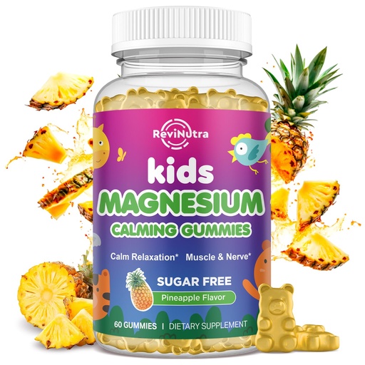 [BRSRAH3YB4GRAG35] Kids Magnesium Gummies, Magnesium Glycinate Gummies for Kids & Adults with L-Theanine, Chamomile, Licorice, Vitamin D, B6 for Sleep, Relaxation, Brain & Muscle, Sugar Free Pineapple 60ct