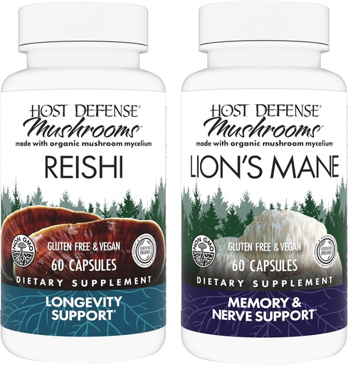 [BRSRA23RDMBGAETV] Host Defense Bundle con capsule Reishi, 60 Count & Lion's Mane Capsules, 60 Count - Support Heart & Immune Health - Support Brain Health, Memory & Focus*