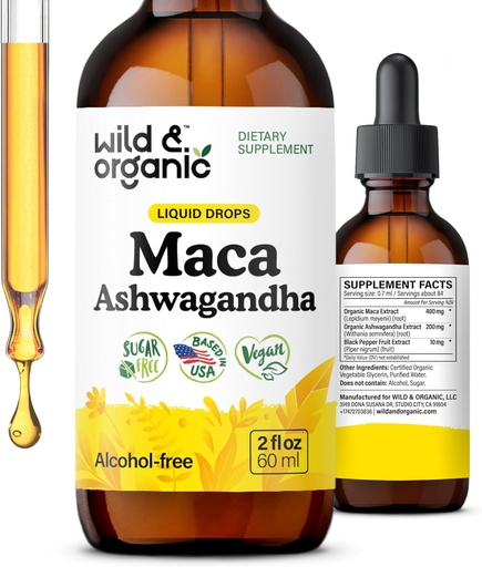 [BRSROYYBDJ5G2C3K] Wild &quot; Organic Maca Ashwagandha drops for Men and Women - Peruvian Maca Root and Ashwagandha Tincture for Overall Support - Vegan, Sugar &quot; Alcohol-Free Extract supplement - 2 fl oz