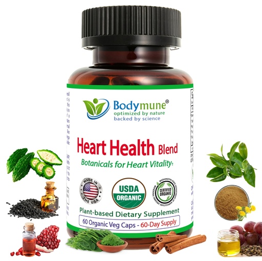 [BRSWYFD7DEIQ2C3A] Bodymune Heart Health Blend Cholesterol Support – Organic Cardiovascular & Circulation Supplement – with Green Tea, Pomegranate & Black Seed Oil – 60 Capsules – USDA Organic, Vegan