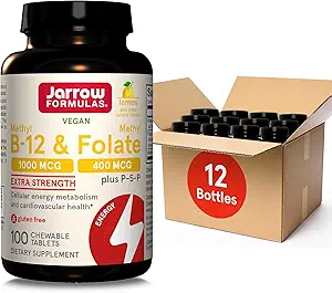 [BRSRMBD6BEFGKAY7] Jarrow Formulas Methyl B-12 1000MCG & Methyl Folate 400MCG,Extra Strength,Cellular Energy Metabolism & Cardiovascular Health Formula(1) With P-5-P,100Chewable Tabs,Up to a 100 Day Suppl,12Packs