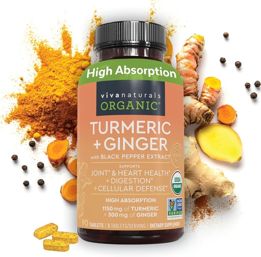 [BRSWGHD2OEMQYHI2] Viva Naturals Organic Turmeric və Ginger Birləşdirmək üçün Black Pepper Ekstraktı ilə əlavə -1450 mərkəzi Tumeric Ginger Pills 150 mq Turmeric Standartlaşdırma% 95 Curcuminoids