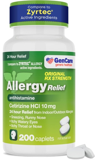 [BRSWGHYPCQCQ23DO] GenCare - Cetirizine HCL 10 mg (200 Caplets) - 24 Hour Allergy Relief Pills - Non Drowsy Generic OTC Allergy Medication - Antihistamine Medicine for Sneezing, Runny Nose & Itchy Eyes - Generic Zyrtec