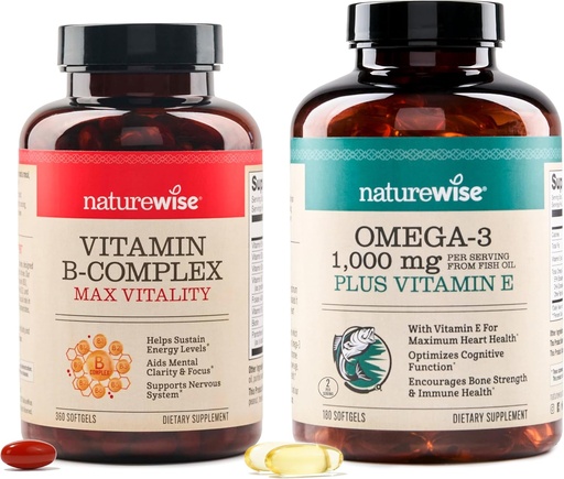 [BRSRAYYYDNYGOELG] NatureWise B-vitamiini kompleks 360 Softgels & Omega 3 Kalaõli 180ct energia, südame, aju, immuunsuse ja nägemise toetamiseks