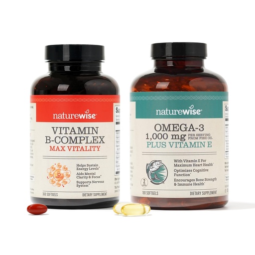 [BRSRAYYYDNYGOELG] NatureWise Vitamin B Complex 360 Softgels & Omega 3 Fish Oil 180ct for Energy, Heart, Brain, Immune & Vision Support