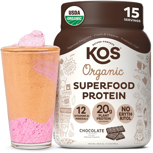 [BRSWYYYPDEBBQADG] KOS Plant Based Protein Powder, Chocolate USDA Organic - Low Carb Pea Protein Blend, Vegan Superfood with Vitamins & Minerals - Keto, Soy, Dairy Free - Meal Replacement for Women & Men - 15 Servings