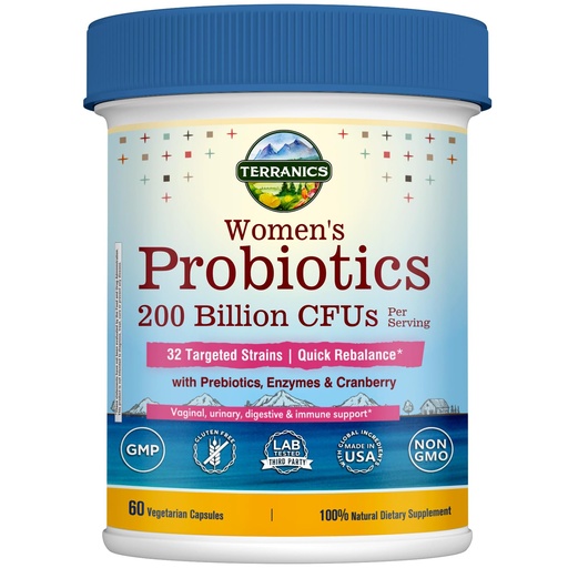 [BRSW2HAEO4OWY3DA] Terranics Daily Probiotics for Women, 200 Billion 32 Strains Womens Probiotics, with Cranberry, Prebiotics & Enzymes, Rebalance Vaginal Flora & pH, Delayed Release, Shelf Stable, 60 Vegan Caps