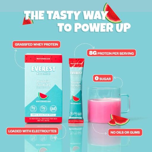 [BRSROCD6B54G2G3B] Everest Essential, Kid's Clear Whey Protein Powder (Watermelon, 10 Packets) Protein Drink Mix for Kids, Electrolytes for Kids, 8g Protein Per Serving, Non GMO, Zero Added Sugar