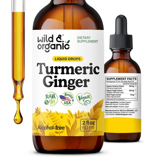 [BRSROY32BFYRQEYY] Wild & Organic Turmeric and Ginger Supplement - Movement & Immune Support - Liquid Turmeric Curcumin Supplement with Ginger & Black Pepper Extract - Add to Tea Drops - Alcohol-Free Tincture - 2 oz