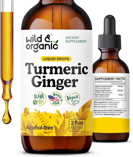 [BRSROY32BFYRQEYY] Wild & Organic Turmeric and Ginger Supplement Drops - Joint & Immune Support - Liquid Turmeric with Ginger and Black Pepper Extract - Curcumin Supplement - Vegan, Sugar & Alcohol-Free Tincture - 2 oz