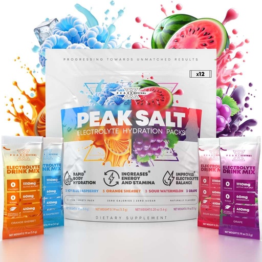 [BRSRA237A4IWMAA2] Peak Revival-X Electrolytes Powder Packets - Salt Electrolyte Drink Mix for Rapid Hydration - Non-GMO, Vegan Friendly, Gluten Free & Sugar Free Electrolytes Powder - Variety Pack (12 Packets)