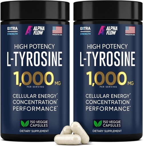 [BRSRAATQDMIWAHTV] [2 Pack] L-Tyrosine 1000MG Capsules - Natural L Tyrosine Supplement for Kids & Adults - Energy Boost and Brain Supplement - 2x the potency of L-Tyrosine 500mg capsules - 300 Vegan LTyrosine Capsules