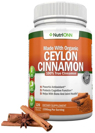 [BRSWKGTYCACB2DLU] NutriONN Organic Ceylon Cinnamon 1200 mg | 120 Vegan Capsules | True Cinnamomum verum from Sri Lanka | Non-GMO, Third-Party Lab Tested, Low Coumarin, GMP Certified