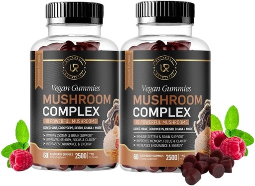 [BRSW2CYYB55AIHL5] Mushroom Gummies | 10 Mushroom Supplement | 2 pack | Turkey Tail, Chaga, Reishi, Cordyceps & Lions Mane Organic Mushroom Extracts, Nootropic Brain Booster for Focus, Memory, Clarity, Energy | 120ct