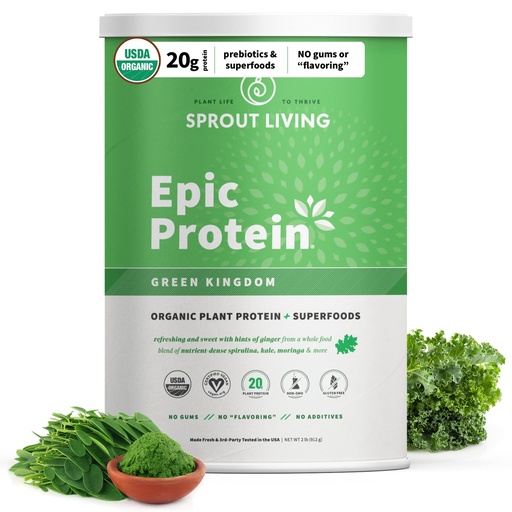 [BRSWYZQOBF5WEAA2] Sprout Living Epic Protein, Plant Based Protein & Superfoods Powder, Green Kingdom | 20 Grams Organic Protein Powder, Greens, Vegan, Non Dairy, Non-GMO, Gluten Free, Low Sugar (2 Pound, 24 Servings)