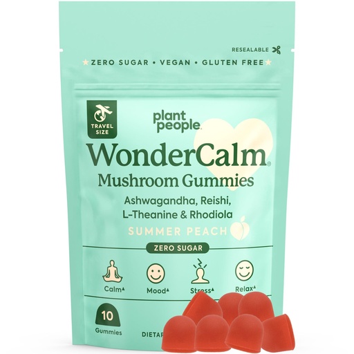 [BRSROAD4PJ5RMGTA] Plant People WonderCalm Mushroom Gummies - Natural Ashwagandha Supplement to Ease Stress & Boost Mood for Adults Without Sugar, Gluten or Artificial Colors, Vegan-Friendly, Peach Flavor (Trial Size)