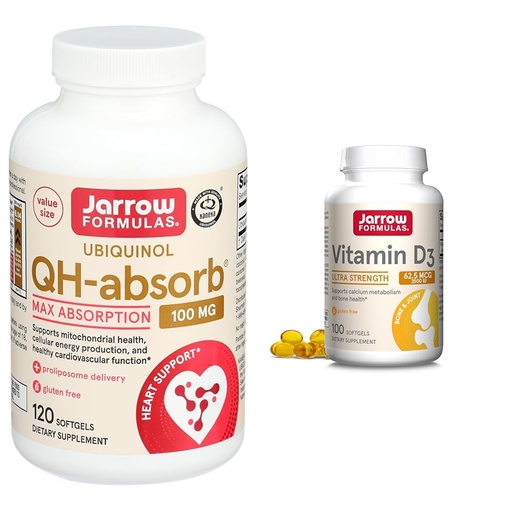 [BRSROBIPAF7QAD3D] Jarrow Formulas QH-Absorb 100 mg Max Absorption - CoQ10 Ubiquinol & Vitamin D3 62.5 mcg (2,500 IU) - 100 Servings (Softgels)