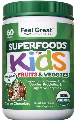 [BRSWECQQC4CAIYI7] Feel Great USDA Organic Super Greens Powder for Kids - Cocao Chocolate | Fruit & Veggie Supplement | Superfood Powder with Probiotics & Digestive Enzymes for Digestive Health | 60 Days Supply