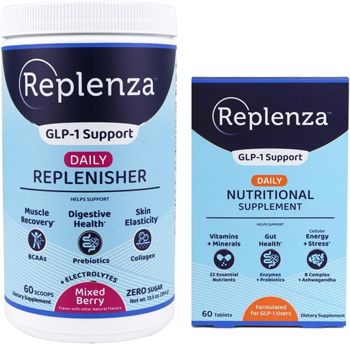[BRSRABINC4CRSH32] Replenza Daily GLP-1 Nutritional Support Bundle – Essential Vitamins & Minerals for Gut Health (60 Tablets) + Daily Replenisher Powder with Amino Acids, Prebiotics & Collagen (Berry, 60 Scoops)