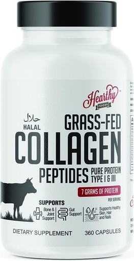[BRSW2FTQCIBQIYD4] HEARTHY FOODS Collagen Pills Supplement (Type I, III), 360 Collagen Capsules Healthy Hair, Skin, Nails, Joints - Dairy and Gluten Free Collagen Supplement - 7 Grams Protein Per Serving