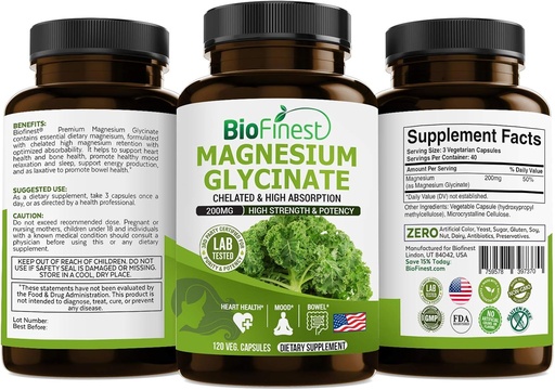 [BRSROAY5AF4B63YZ] Biofinest Chelated Magnesium Glycinate 200mg Supplement - Healthy Heart Bowel Movement Immune Energy Metabolism Mood Sleep - Made in USA (120 Capsules)