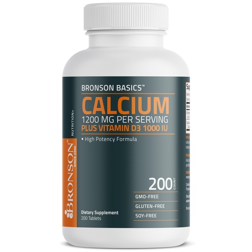 [BRSRAFIECJ4BSADH] Bronson Calcium 1200mg Per Serving Plus Vitamin D3 1000 IU High Potency Formula, Non-GMO, 200 Tablets