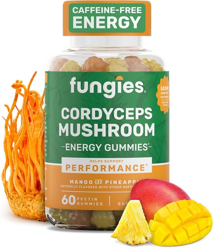[BRSRMHQBDJ5WMFA2] Fungies Cordyceps Houbové gumy, Mango & Ananas Flavor - Houbový bylinný doplněk Gummy pro dospělé Podporuje vytrvalost, energie a výkon - Caffeine- Free Energy Gummies - 60 Služebnictví
