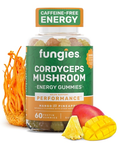 [BRSRMHQBDJ5WMFA2] Fungies Cordyceps Mushroom Gummies, Mango & Pineapple Flavor - Mushroom Herbal Supplement Gummy for Adults Supports Endurance, Energy & Performance - Caffeine-Free Energy Gummies - 60 Servings