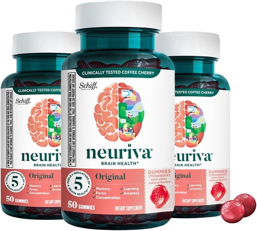 [BRSWYGIPARYBUHQ7] Neuriva Original Brain Health Support Strawberry Gummies (50 Count), Brain Support with Phosphatidylserine & Decaffeinated, Clinically Proven Coffee Cherry (Pack of 3)