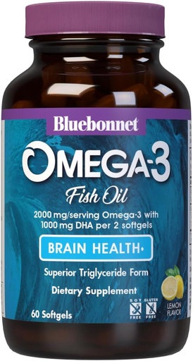 [BRSWIYQZBQIQKD34] Bluebonnet Elikadura Omega-3 Brain Formula Natural Wild harrapatu Triglizerido Forma DHA 860 mg EPA 120 mg - Oso kontzentratua Osasuna eta Ongizatea Laguntza gehigarria - Gluten-Free - 60 Softgels