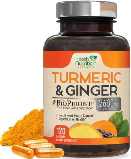 [BRSW2EIBAACW2FL4] Turmeric Curcumin Supplement - 2200mg Curcumin Complex & 400mg Organic Ginger per Serving - 95% Curcuminoids & BioPerine Black Pepper for Best Absorption & Joint Support, Bottled in USA - 120 Capsules