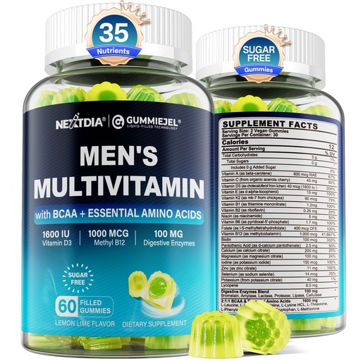[BRSRAH3YB4HAYALX] Methylated Multivitamin for Men Gummies, BCAA Amino Acids, Zinc, Daily Vitamin A C D3 E K2 B Complex, Calcium, Magnesium, Lycopene, Digestive Enzymes - Energy, Immune, Muscle- Sugar Free, Vegan, 60Cts