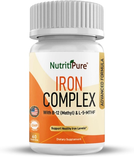 [BRSWGEDRDN4AYGTJ] Iron Complex, Complete Blood Building Iron Vegetarian Capsules with Non-constipating Carbonyl Iron, Quatrefolic, B12, B6 & Vitamin C, for Women & Men (60 caps)