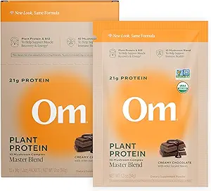 [BRSRMGDROYMBSCLB] Om Master Blend Vegan Protein Powder, Chocolate, 21g of Plant Protein - Organic Mushroom Supplement with 10 Mushroom Complex, Ashwagandha, BCAAs and Vitamin B12 - Single Serve (10 Count)​