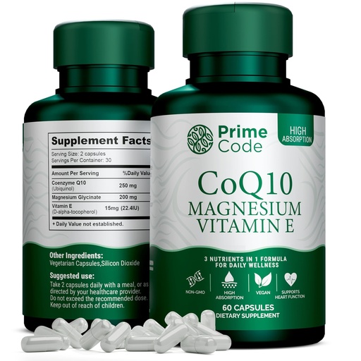 [BRSRA2YHCQBRSG3B] Prime Code [ 3 𝐢𝐧 𝟏] CoQ10 250mg with Magnesium Glycinate and Vitamin E | CoQ10 Capsules 250mg | Magnesium Glycinate 200mg | Vitamin E 15mg | Non-GMO | Gluten & Soy Free | Vegan