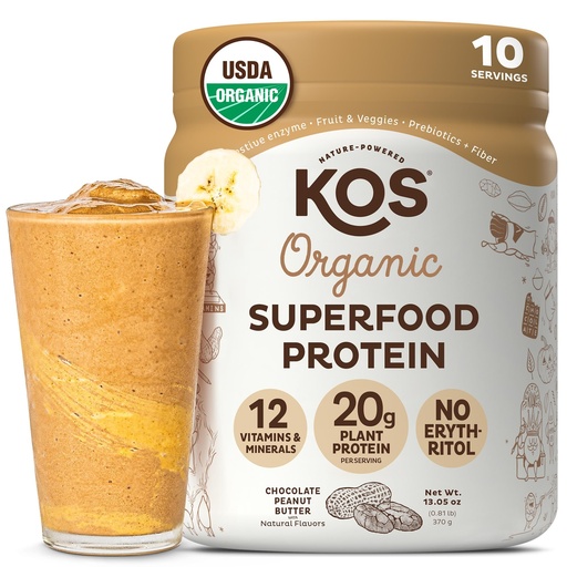 [BRSWYAD6DMCWGCAY] KOS Vegan Protein Powder, Chocolate Peanut Butter - Low Carb Pea Protein Blend, USDA Organic Superfood with Vitamins & Minerals - Keto, Soy, Dairy Free - Meal Replacement for Women & Men - 10 Servings