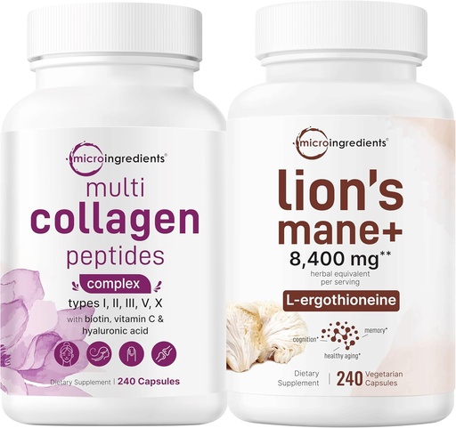 [BRSRAHYYBMNQOF3O] Micro Ingredients Multi Collagen Complex för kvinnor och lejon Mane Supplement 240 Veggie Capsules Bundle 2 Pack | Grass-Fed Collagen Peptides | Superfood Mushroom Antioxidanter med L-Ergothioneine